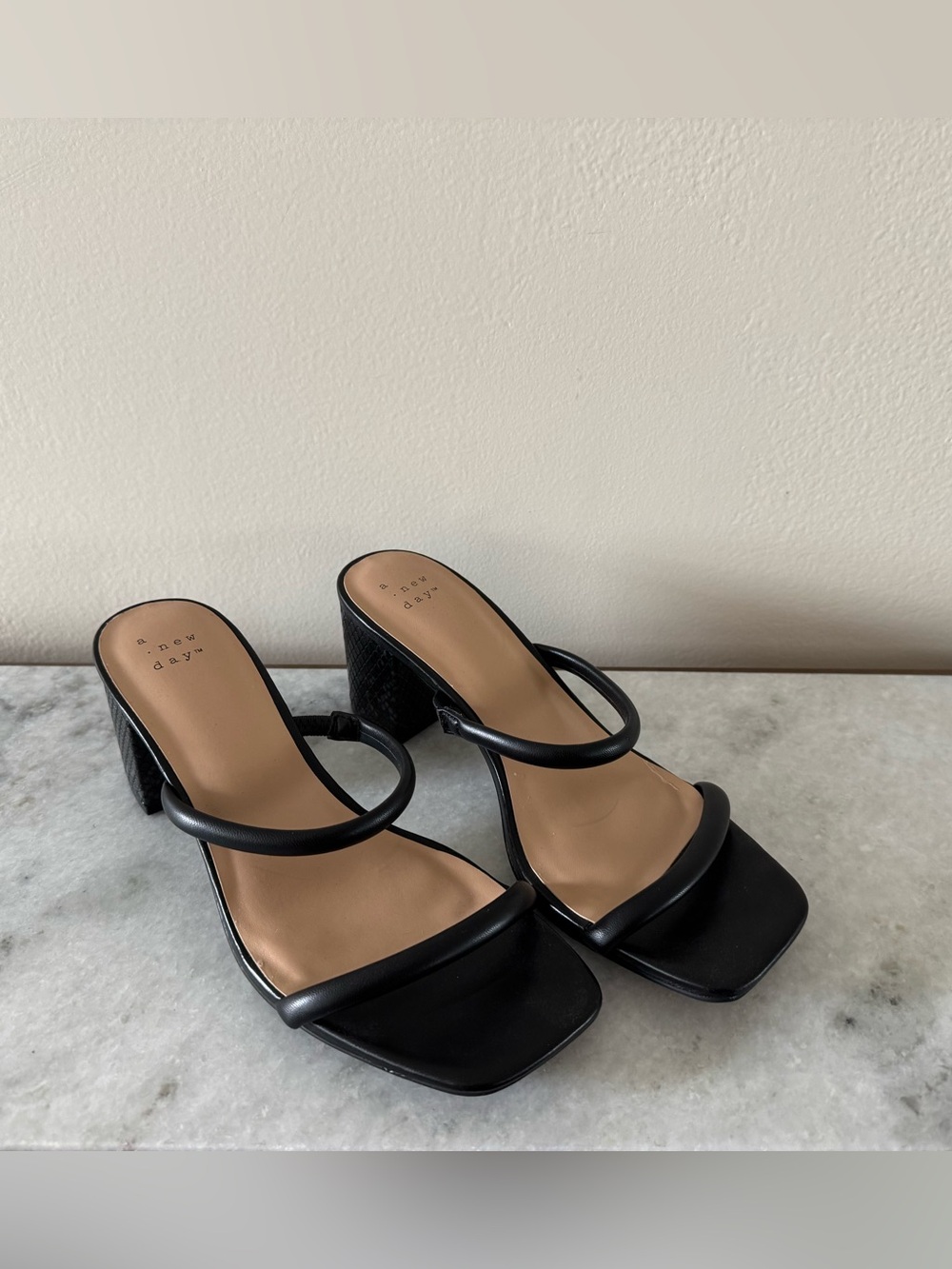 Target a new day: Black Minimal Strappy Square-Toe Block Heels